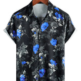 Chemise d'été pour homme en coton bleu à fleurs à manches courtes avec boutons pour les vacances à la plage