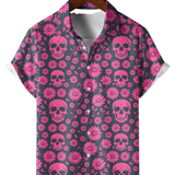 Chemise en Coton pour Homme d'Été avec Motif de Crâne Rose et Marguerites, Manches Courtes et Boutons pour les Vacances