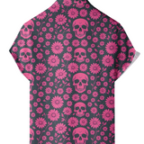 Chemise en Coton pour Homme d'Été avec Motif de Crâne Rose et Marguerites, Manches Courtes et Boutons pour les Vacances
