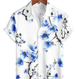 Chemise en Coton à Manches Courtes avec Motif Floral Bleu pour Hommes