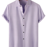 Chemise Casual pour Homme en Coton Soie de Couleur Unie avec Boutons et Manches Courtes, Respirante