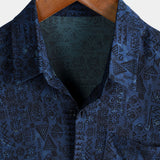 Chemise à Manches Courtes Boho Géométrique Tribale en Bleu Marine pour Hommes
