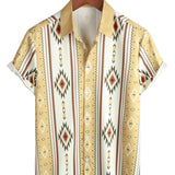 Chemise Vintage pour Homme à Rayures Verticales à Manches Courtes de Style Rétro des Années 70 avec Motif Aztèque