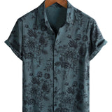 Chemise à Manches Courtes en Coton Vintage pour Hommes avec Motif Floral Bleu