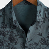 Chemise à Manches Courtes en Coton Vintage pour Hommes avec Motif Floral Bleu