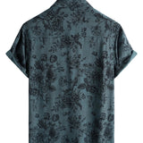 Chemise à Manches Courtes en Coton Vintage pour Hommes avec Motif Floral Bleu