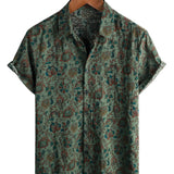 Chemise Vintage en Coton à Manches Courtes avec Boutons Style Rétro Paisley Verte pour Hommes des Années 70