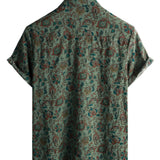 Chemise Vintage en Coton à Manches Courtes avec Boutons Style Rétro Paisley Verte pour Hommes des Années 70