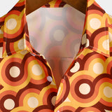 Chemise Masculine Orange en Coton Style Rétro Années 70, Avec Bouton, Vintage, Géométrique, Ronde, Été, à Manches Courtes