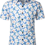 Chemise d'été pour homme en coton à fleurs, décontractée, coupe ajustée, à manches courtes, couleur bleu clair