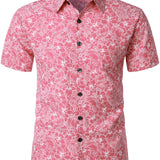 Chemise à Manches Courtes de Style Hawaïen pour Hommes avec Boutons de Couleur Rose