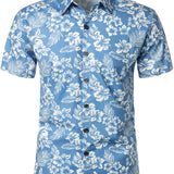 Chemise Aloha à Manches Courtes avec Motif Floral Tropical Bleu pour Hommes