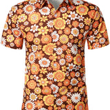 Chemise d'Été en Coton à Manches Courtes avec Boutons Floraux Vintage pour Hommes, Thème Disco des Années 70.