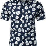Chemise à Manches Courtes en Coton de Style Hawaïen pour Hommes en Couleur Bleu Marine avec des Marguerites