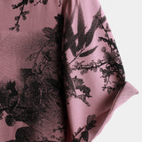 Chemise rose à manches courtes en coton avec des fleurs hawaïennes pour hommes en bambou