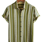 Chemise Rétro en Coton avec Boutons pour Hommes avec Motif Aztèque des Années 70 en Rayures Vertes et Manches Courtes