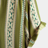 Chemise Rétro en Coton avec Boutons pour Hommes avec Motif Aztèque des Années 70 en Rayures Vertes et Manches Courtes