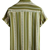 Chemise Rétro en Coton avec Boutons pour Hommes avec Motif Aztèque des Années 70 en Rayures Vertes et Manches Courtes