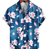 Chemise Casual à Manches Courtes avec Motif Floral pour Hommes, Boutons, Col Revers, Marine, Été