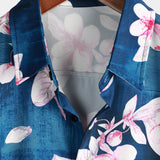 Chemise Casual à Manches Courtes avec Motif Floral pour Hommes, Boutons, Col Revers, Marine, Été