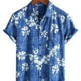 Chemise en Coton Style Hawaïen pour Hommes à Manches Courtes avec Boutons en Motif Floral Bleu