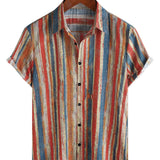 Chemise en Coton Casual Rétro à Rayures Colorées à Manches Courtes