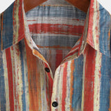 Chemise en Coton Casual Rétro à Rayures Colorées à Manches Courtes