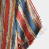 Chemise en Coton Casual Rétro à Rayures Colorées à Manches Courtes