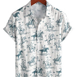 Chemise pour Homme en Coton avec Motif de Cheval, À Boutons, Manches Courtes pour les Vacances