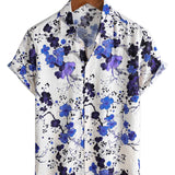 Chemise en Coton Retro Bleue à Fleurs pour l'Été à Manches Courtes