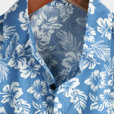Chemise Aloha à Manches Courtes avec Motif Floral Tropical Bleu pour Hommes