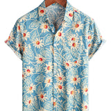 Chemise Fleurie en Coton de Style Hawaïen pour Hommes, pour les Vacances, avec Boutons, Bleue, Manches Courtes