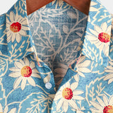 Chemise Fleurie en Coton de Style Hawaïen pour Hommes, pour les Vacances, avec Boutons, Bleue, Manches Courtes