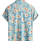 Chemise Fleurie en Coton de Style Hawaïen pour Hommes, pour les Vacances, avec Boutons, Bleue, Manches Courtes