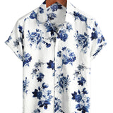 Chemise Hawaïenne pour Homme en Coton à Motif Floral Bleu, Manches Courtes, avec Boutons et Col Blanc