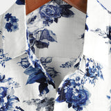 Chemise Hawaïenne pour Homme en Coton à Motif Floral Bleu, Manches Courtes, avec Boutons et Col Blanc