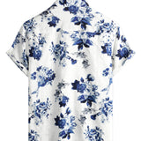 Chemise Hawaïenne pour Homme en Coton à Motif Floral Bleu, Manches Courtes, avec Boutons et Col Blanc