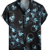 Chemise à Manches Courtes en Coton avec Boutons Crâne Floral Bleue Décontractée pour Hommes