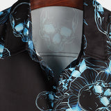 Chemise à Manches Courtes en Coton avec Boutons Crâne Floral Bleue Décontractée pour Hommes