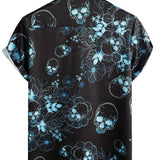 Chemise à Manches Courtes en Coton avec Boutons Crâne Floral Bleue Décontractée pour Hommes