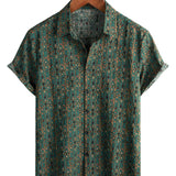 Chemise Vintage en Coton pour Homme avec Motif Paisley des Années 70, Verte, Boho, Rétro, Tribal, à Manches Courtes