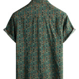 Chemise Vintage en Coton pour Homme avec Motif Paisley des Années 70, Verte, Boho, Rétro, Tribal, à Manches Courtes