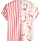 Chemise à Manches Courtes en Coton avec Motif Flamant Rose et Rayures pour Hommes