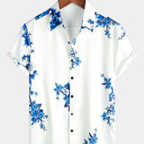 Chemise Casual à Manches Courtes en Coton avec Boutons pour Hommes en Bleu avec Motif Floral