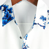 Chemise Casual à Manches Courtes en Coton avec Boutons pour Hommes en Bleu avec Motif Floral