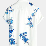 Chemise Casual à Manches Courtes en Coton avec Boutons pour Hommes en Bleu avec Motif Floral