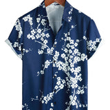 Chemise Casual à Manches Courtes avec Motif Floral pour Hommes en Vintage Bleu Marine