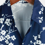 Chemise Casual à Manches Courtes avec Motif Floral pour Hommes en Vintage Bleu Marine