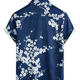 Chemise Casual à Manches Courtes avec Motif Floral pour Hommes en Vintage Bleu Marine