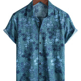 Chemise Retro en Coton Casual à Manches Courtes avec Poche Fleurie en Couleur Bleue pour Hommes